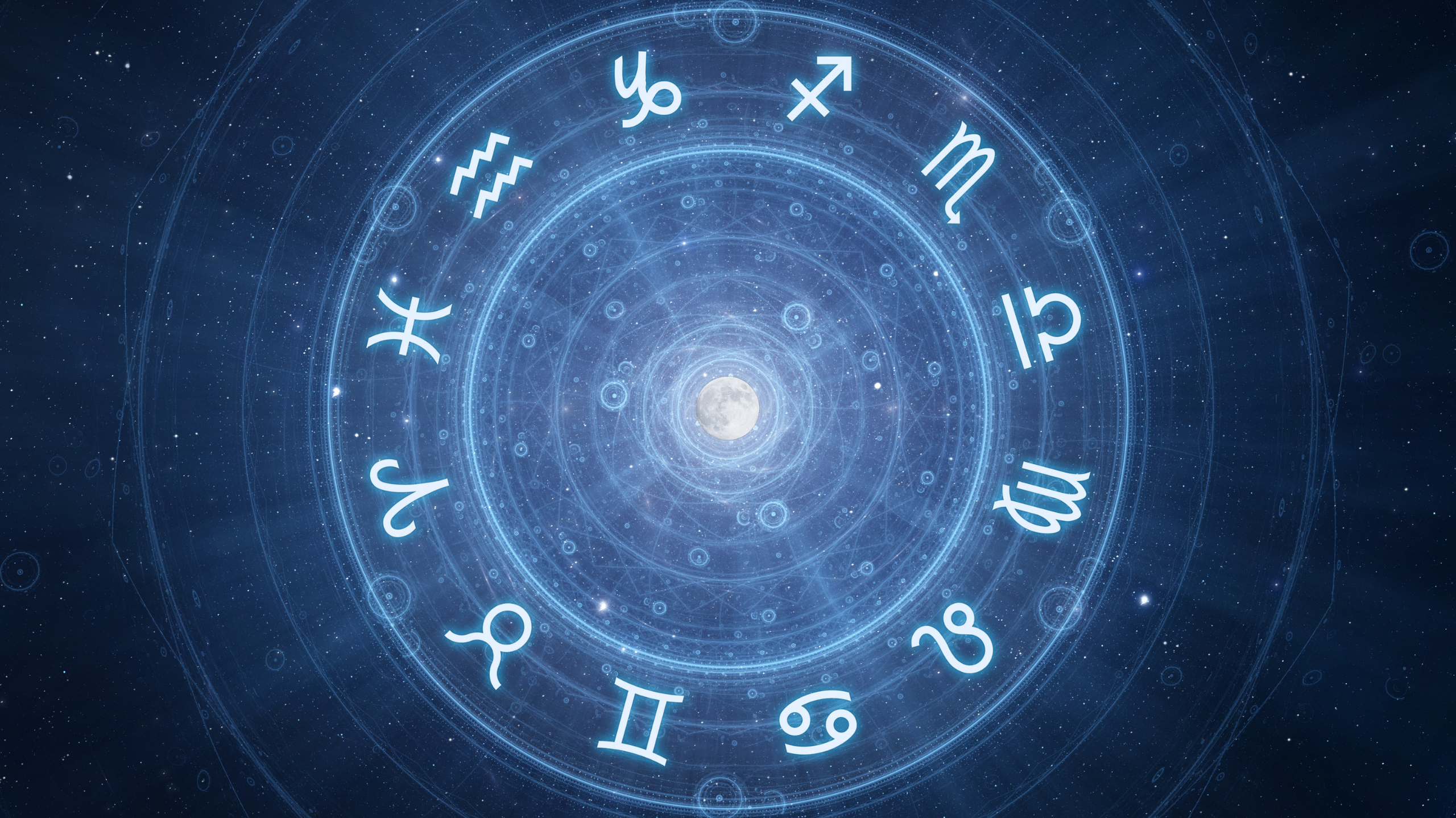 signes roue du zodiaque avec les 12 signes sur un fond bleu
